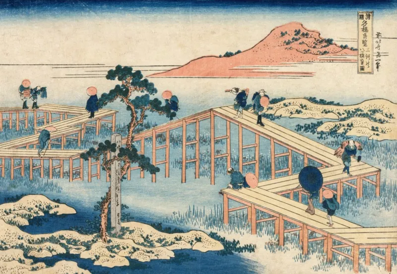 Hokusai - Image Ancienne du Pont à Huit Parties dans la Province de Mikawa