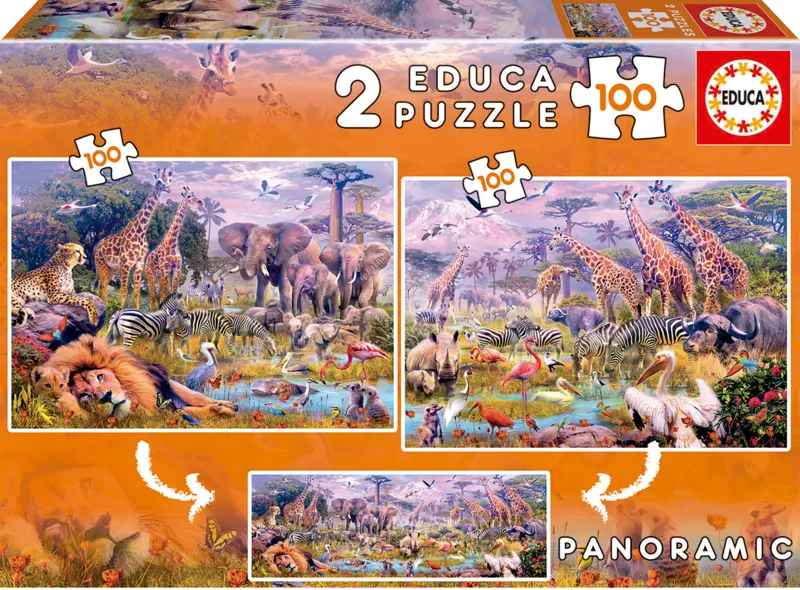 Educa : Un Large Choix De Puzzles Made In Espagne Unisex Unicolour Puzzle 2 Puzzles - Panoramic Animaux Sauvages - 100 À 149 Pièces