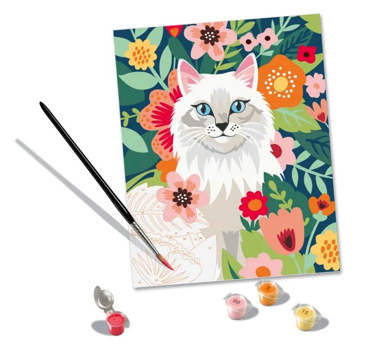 Peinture au Numéro - CréArt - Chat blanc et fleurs