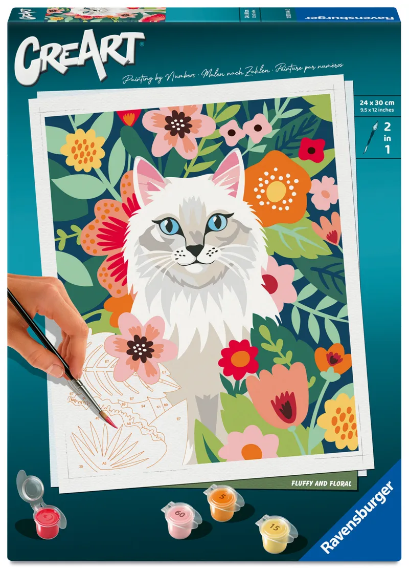 Peinture au Numéro - CréArt - Chat blanc et fleurs