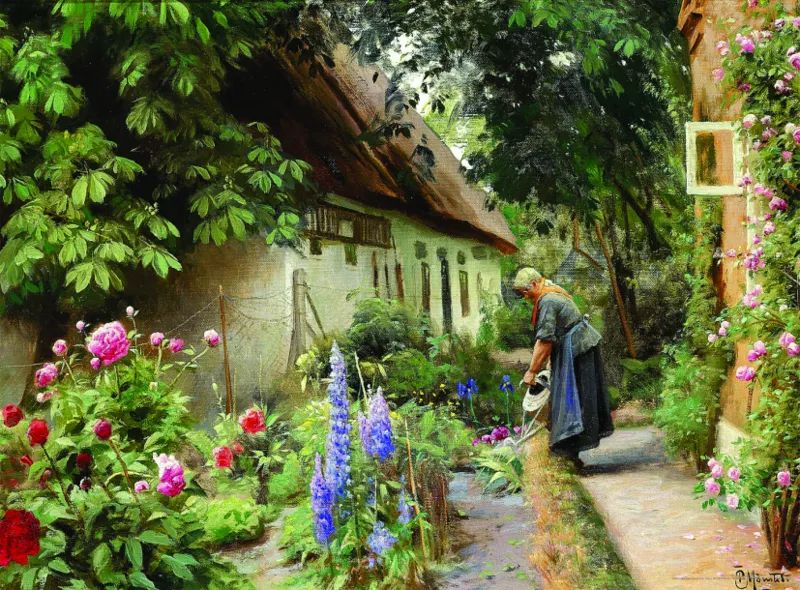 Peder Mørk Mønsted - An Old Woman Watering the Flowers Behind a Thatched Farmhouse