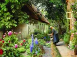 Peder Mørk Mønsted - An Old Woman Watering the Flowers Behind a Thatched Farmhouse