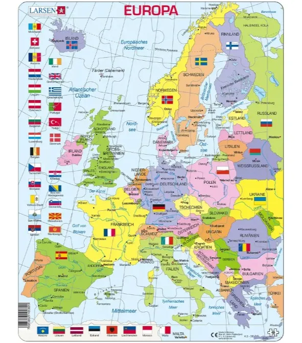 Puzzle Larsen K72 – Voyage En Allemagne, 91 Pièces Formes (avion, Voiture, Bateau…), Carte Des Autoroutes, Rivières, Montagnes, En Allemand/anglais