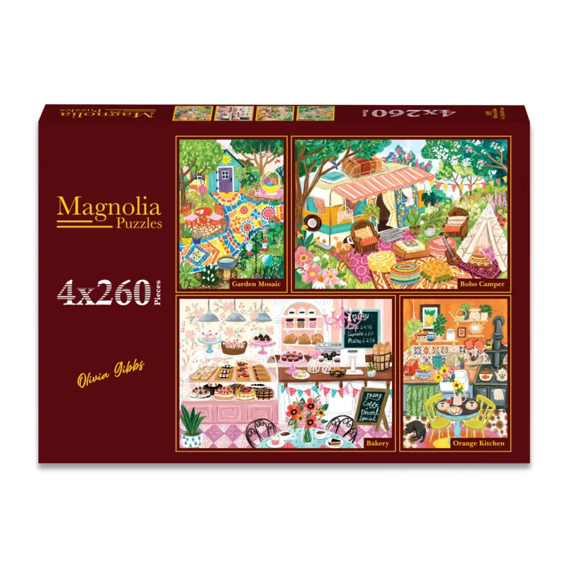 4 Puzzles - Olivia Gibbs - Garden Mosaic - Boho Camper - Bakery - Orange Kitchen