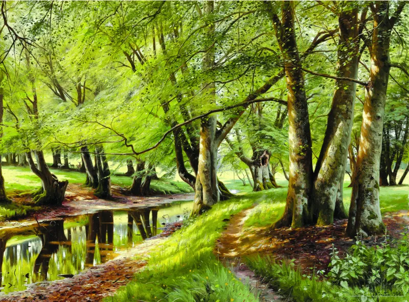 Peder Mørk Mønsted - A Summer Day in the Forest with Deer in the Background