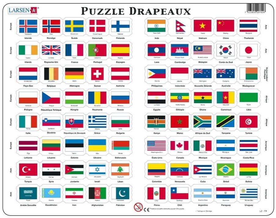 Larsen Puzzle 2-en-1 Europe - Carte Politique Et Drapeaux - 70 Pièces - Cadre Inclus - Éducatif Et Géographique Dès 8 Ans