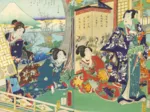 Utagawa Kunichika - Le prince Genji en Visite dans une Demeure Donnant sur le Mont Fuji
